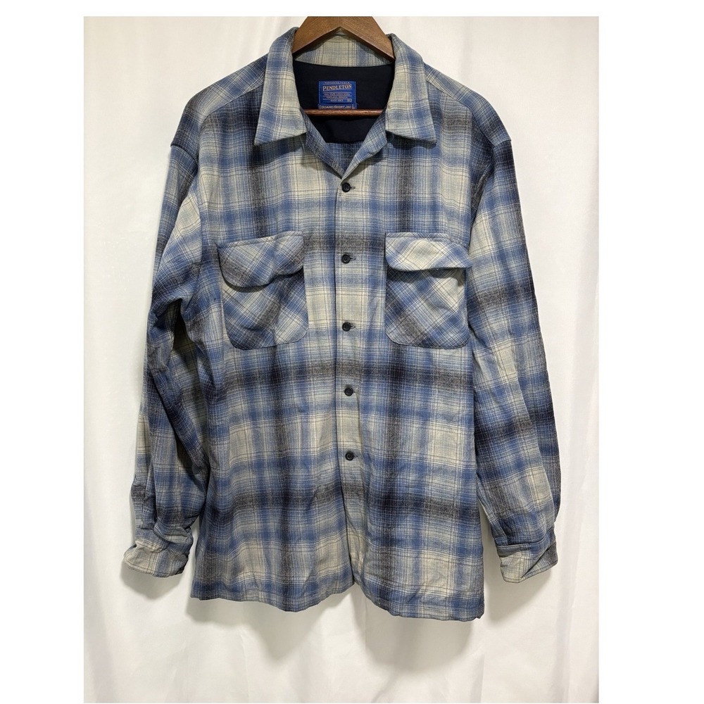 Pendleton Board Shirt Jac Mens XL Blue Ombre Plaid Flannel 100% Wool Loop Collar